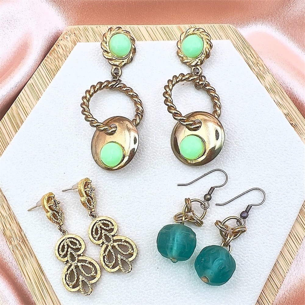 Vintage Estate Dangle Earrings Lot 3 Pairs Green Cabochon Teal Gold Tone Boho